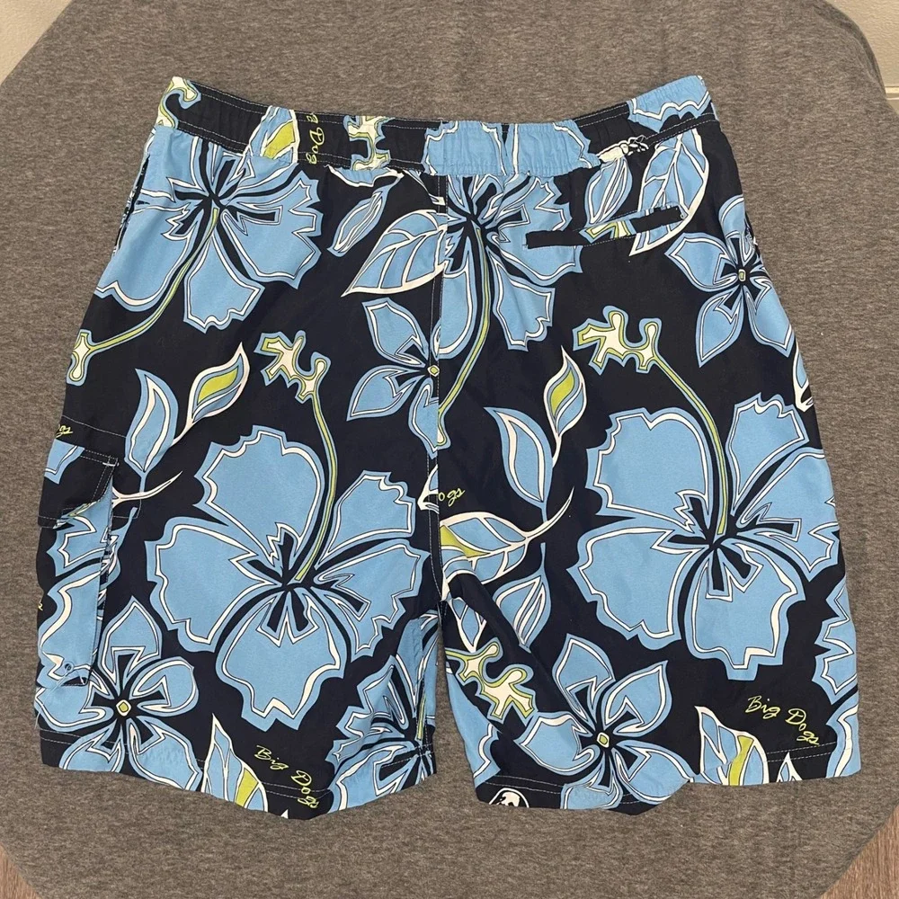 Big Dogs XL Floral Print Swim Trunks Shorts Drawstring Blue‎ Fun Attitude Beach